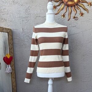 Dazy Women's Brown &‎ Beige Striped Mock Neck Long Sleeve Ribbed Knit Top